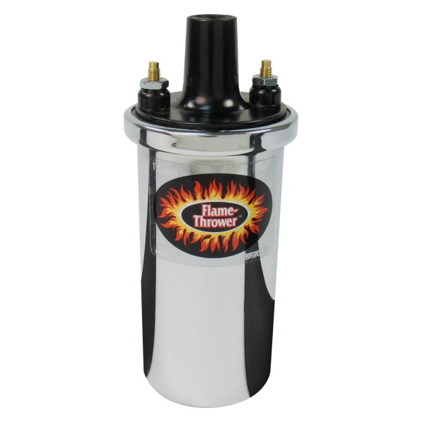 Tändspole "Flame Thrower" Chrome, 1,5 ohm. För 4, 6 och 8-cyl. motorer. Används tillsammans med Pertronix Ignitorsatser. 40001